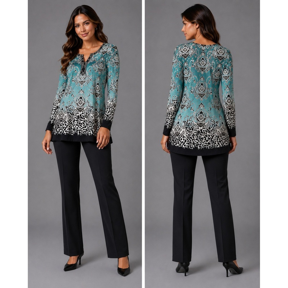 JM Collection Tunic Top Women Small Teal Medallion Animal Print Beaded Neckline